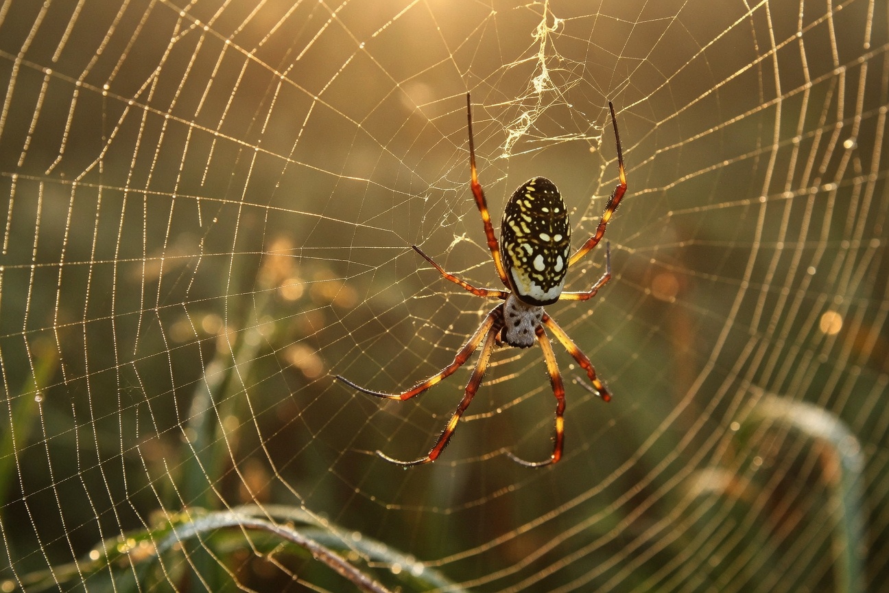 A colorful orb-weaver spider with striped legs hangs in the center of its dewy web against a blurred green background.