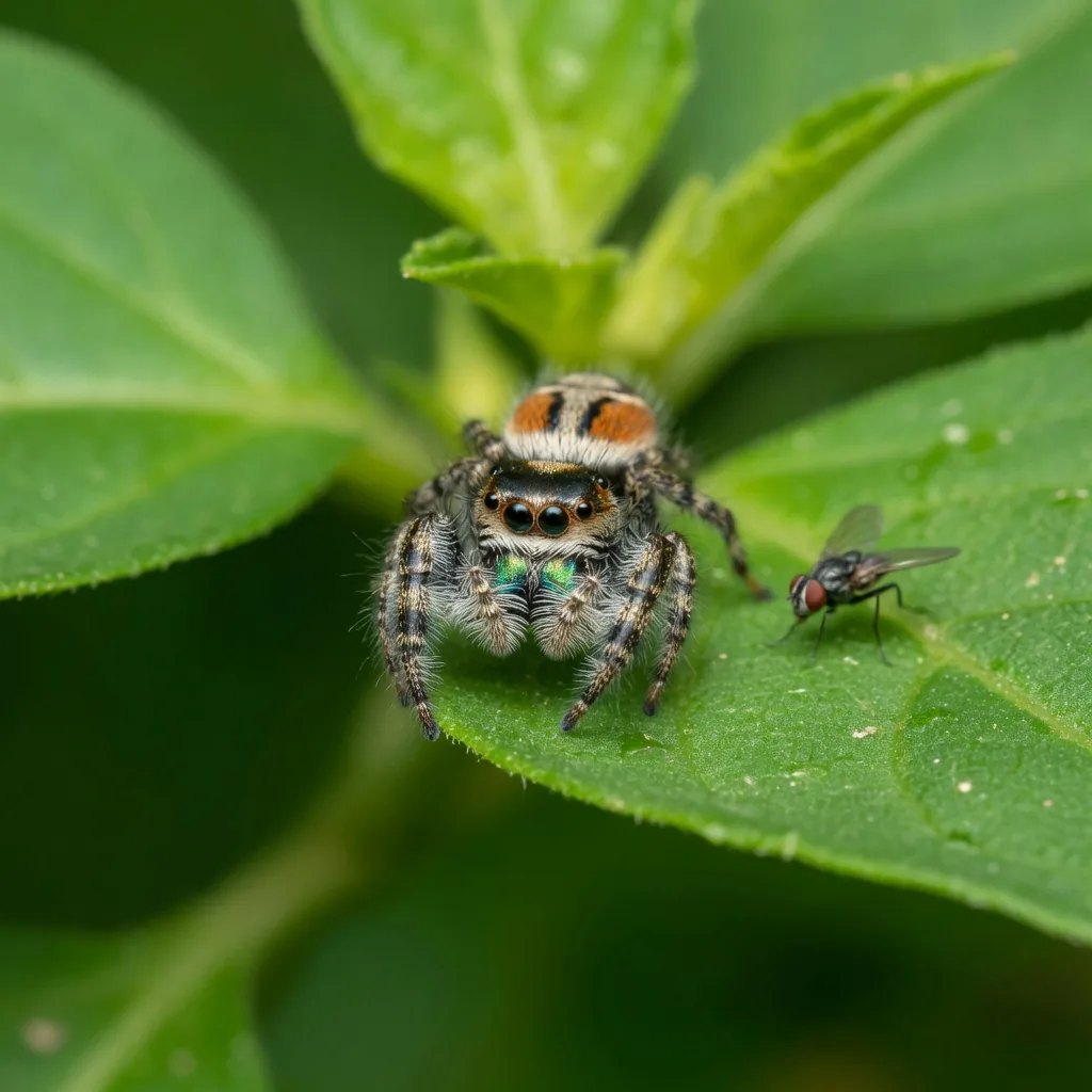 A jumping spider with large forward-facing eyes poised on a leaf near a small fly