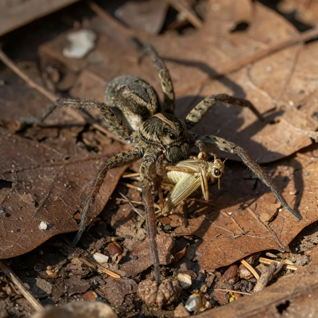 A wolf spider gripping a cricket in its fangs on a forest floor