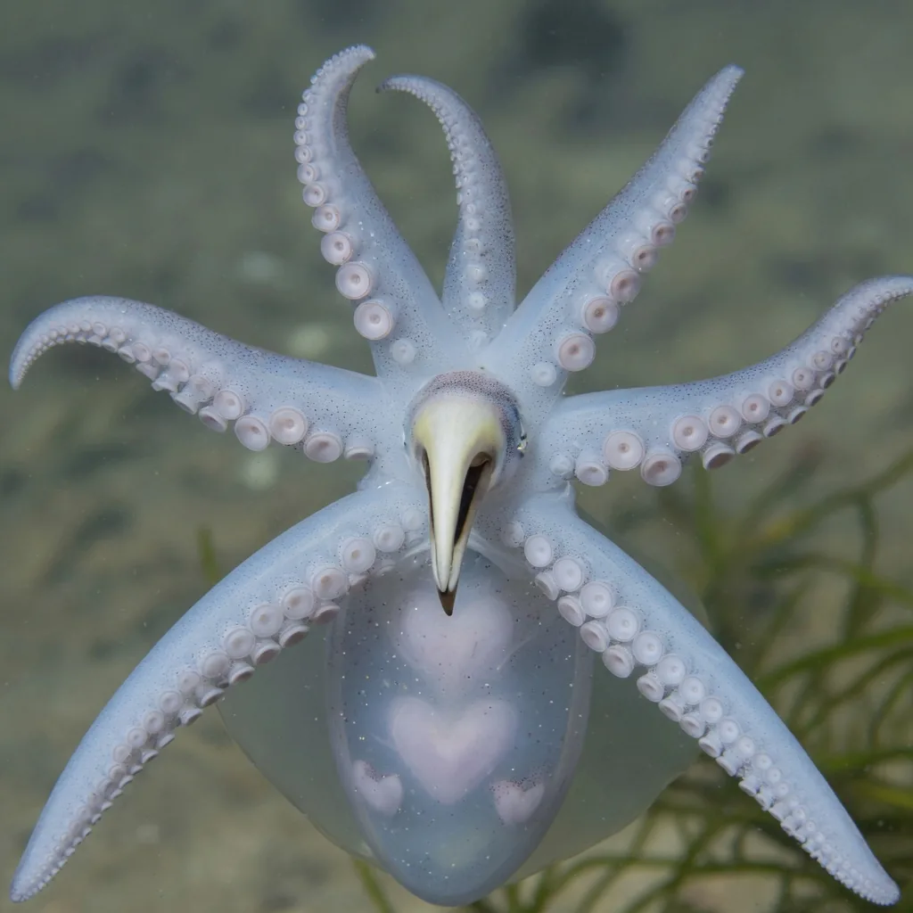 Close-up of squid anatomy showing the parrot-like beak, sucker rings on the arms, and tentacles