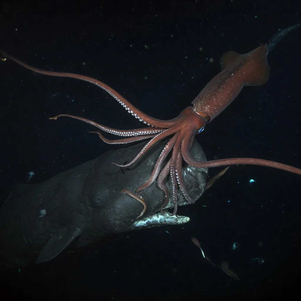 A giant squid attacking a sperm whale in the deep ocean, tentacles wrapped around the whale's head