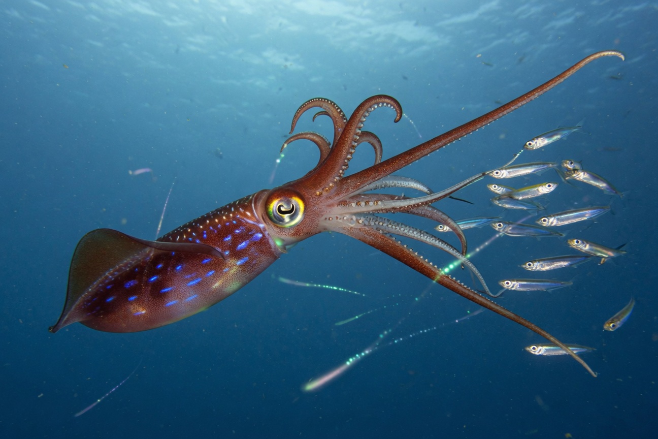 A reddish-brown squid with blue spots swims near a school of small silver fish in blue water.