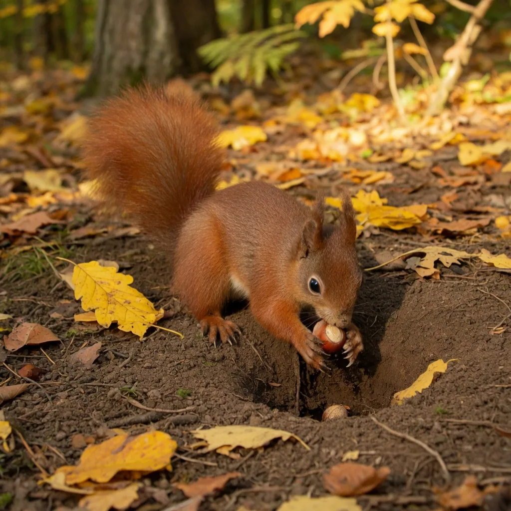A red squirrel burying a nut in soft autumn soil among fallen leaves.