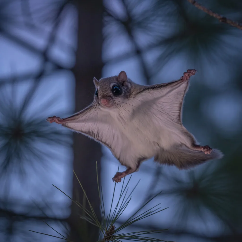 A northern flying squirrel gliding through the air at dusk, its patagium membrane stretched wide between its legs.