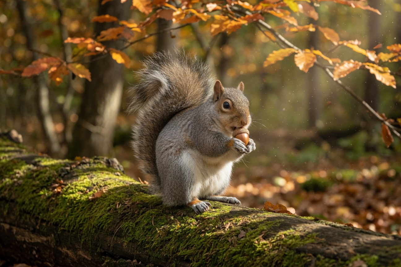 A grey squirrel sits on a moss-covered log in a forest, holding an acorn in its paws.