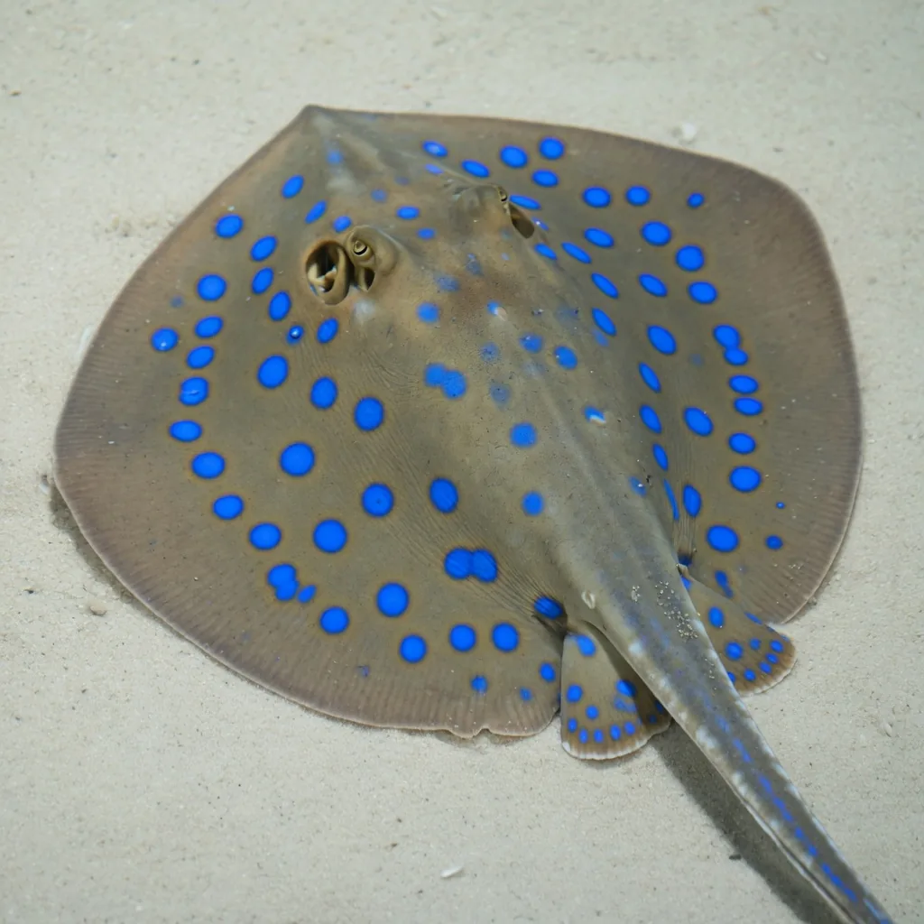 A bluespotted stingray resting on the sandy floor of an aquarium tank