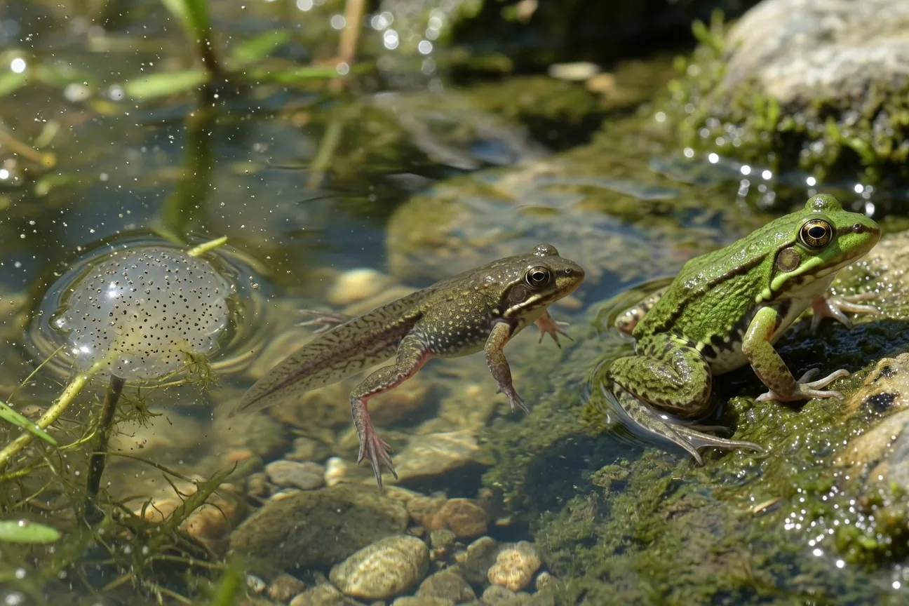 A sequence showing tadpole metamorphosis: eggs, young tadpole, tadpole with hind legs, and fully formed froglet.