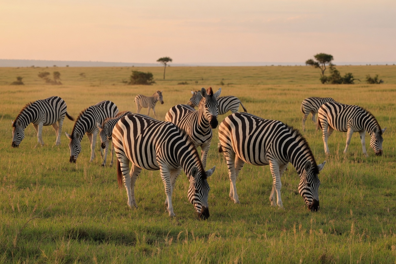 A herd of zebras grazes in a grassy savanna field with scattered trees in the distance.