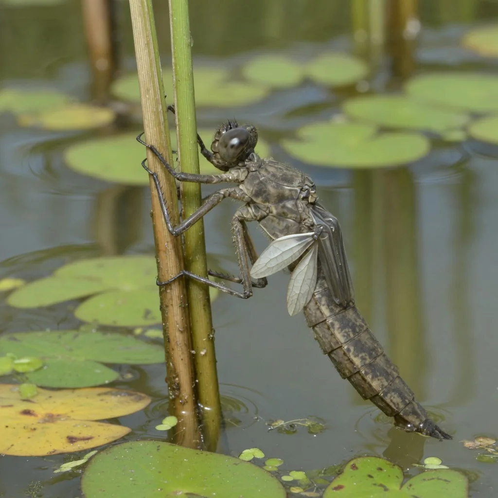 A dragonfly nymph (larva) clinging to a reed stem as it emerges from the water