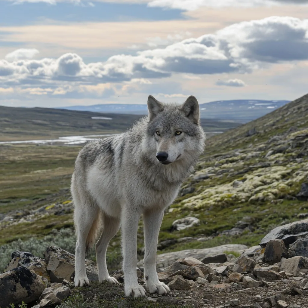 A gray wolf standing alert on rocky arctic tundra, showing the vast Northern Hemisphere habitat