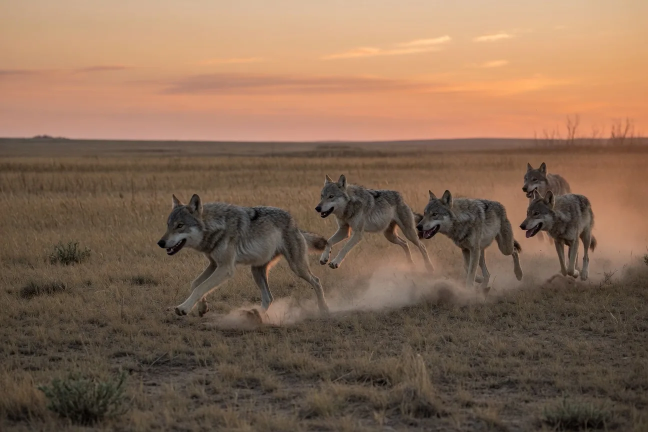 A wolf pack running in coordinated formation across open prairie at dusk, hunting together