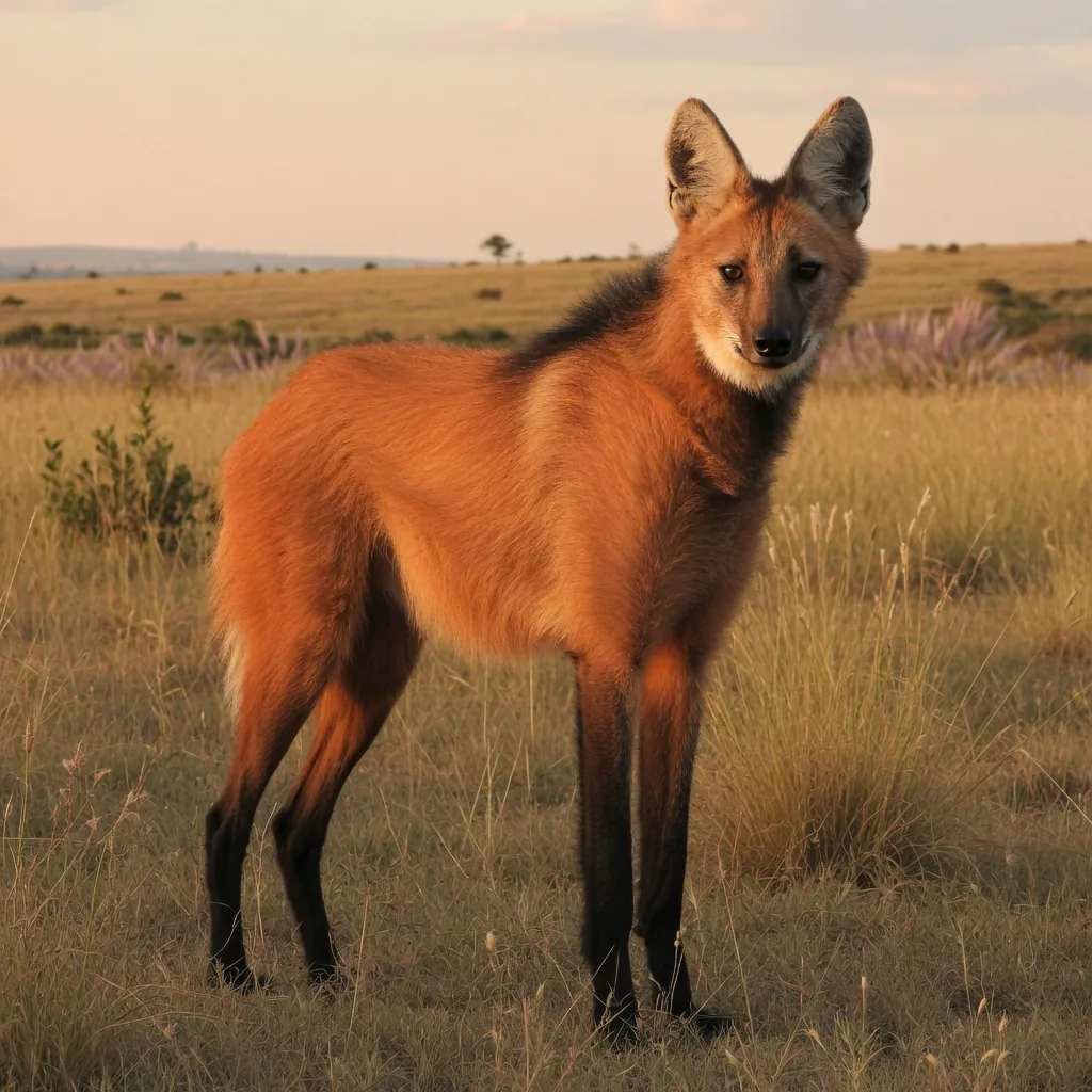 A maned wolf standing in open South American grassland, showing its distinctive bright red-orange fur and long black legs