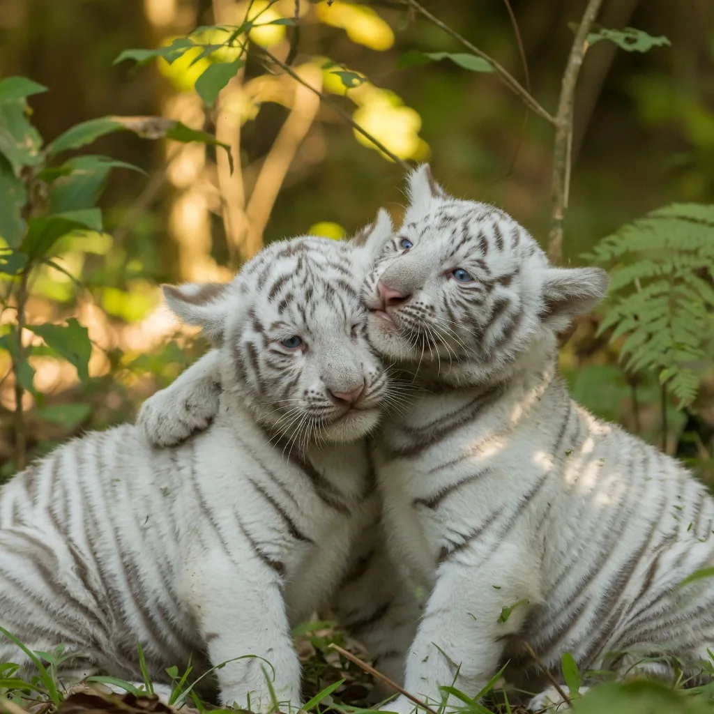 White Bengal tiger cubs with fluffy white fur and blue eyes