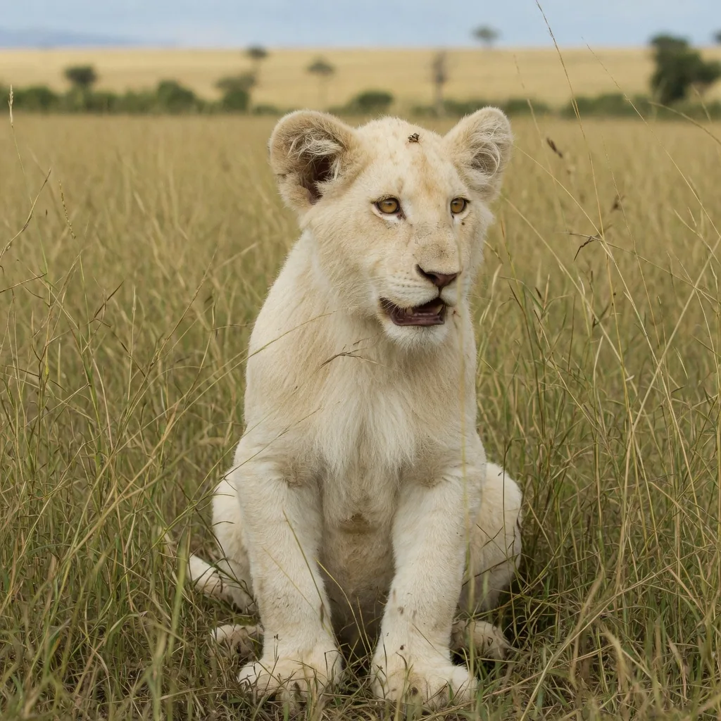 A white lion cub with pale cream fur and wide golden eyes, sitting in savanna grass