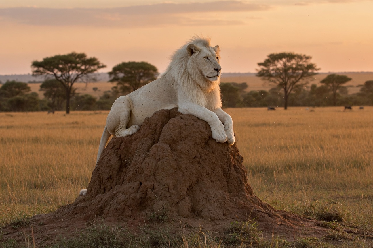 A white lion rests atop a termite mound overlooking the African savanna at sunset.