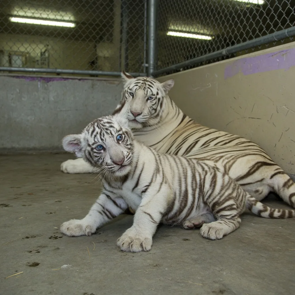 White tiger cubs in a zoo enclosure, illustrating the health challenges faced by inbred captive white tigers