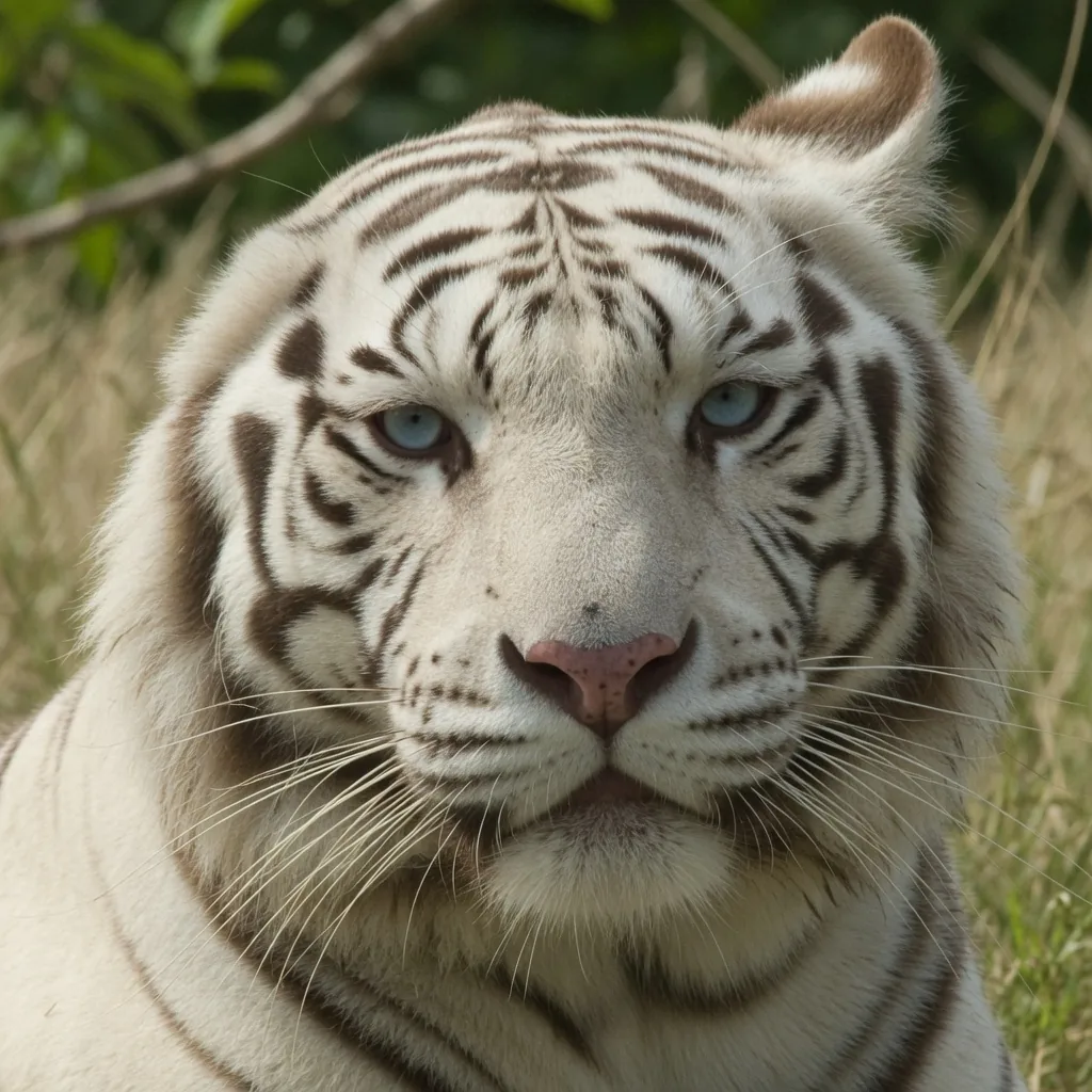 Close-up portrait of a white tiger with vivid blue eyes, pink nose, and dark brown stripes