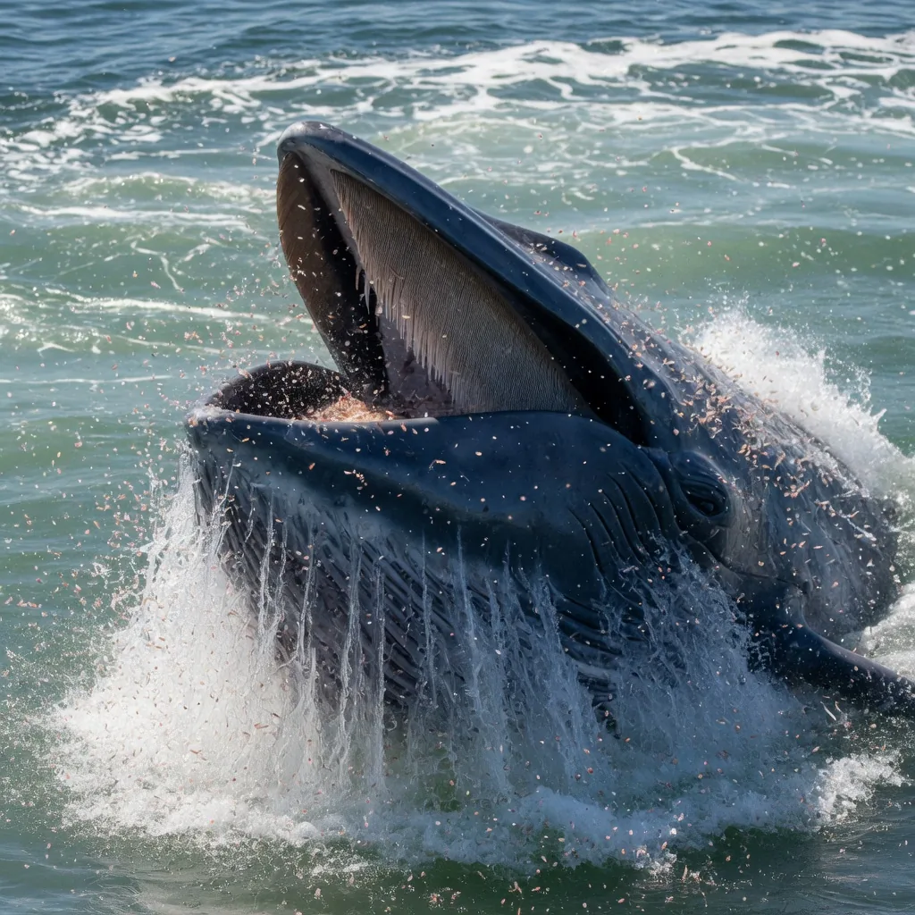 A blue whale feeding near the surface, mouth open, baleen visible, surrounded by krill