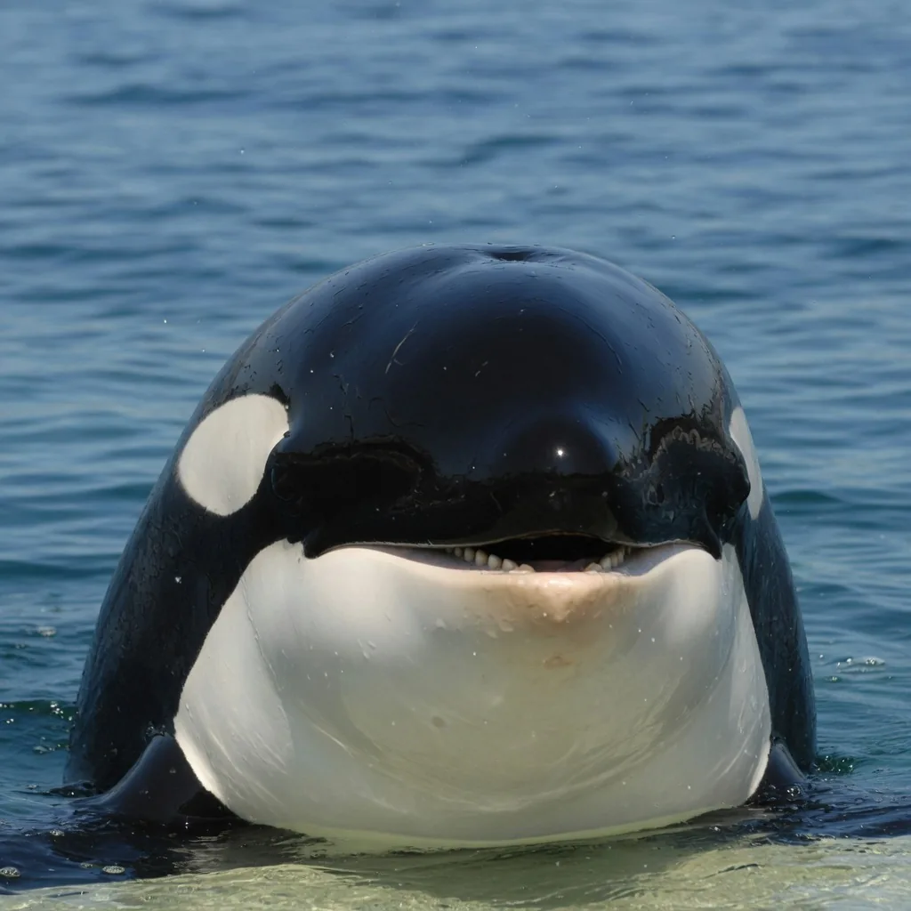 Close-up portrait of an orca killer whale showing its distinctive black-and-white markings and white eye patch