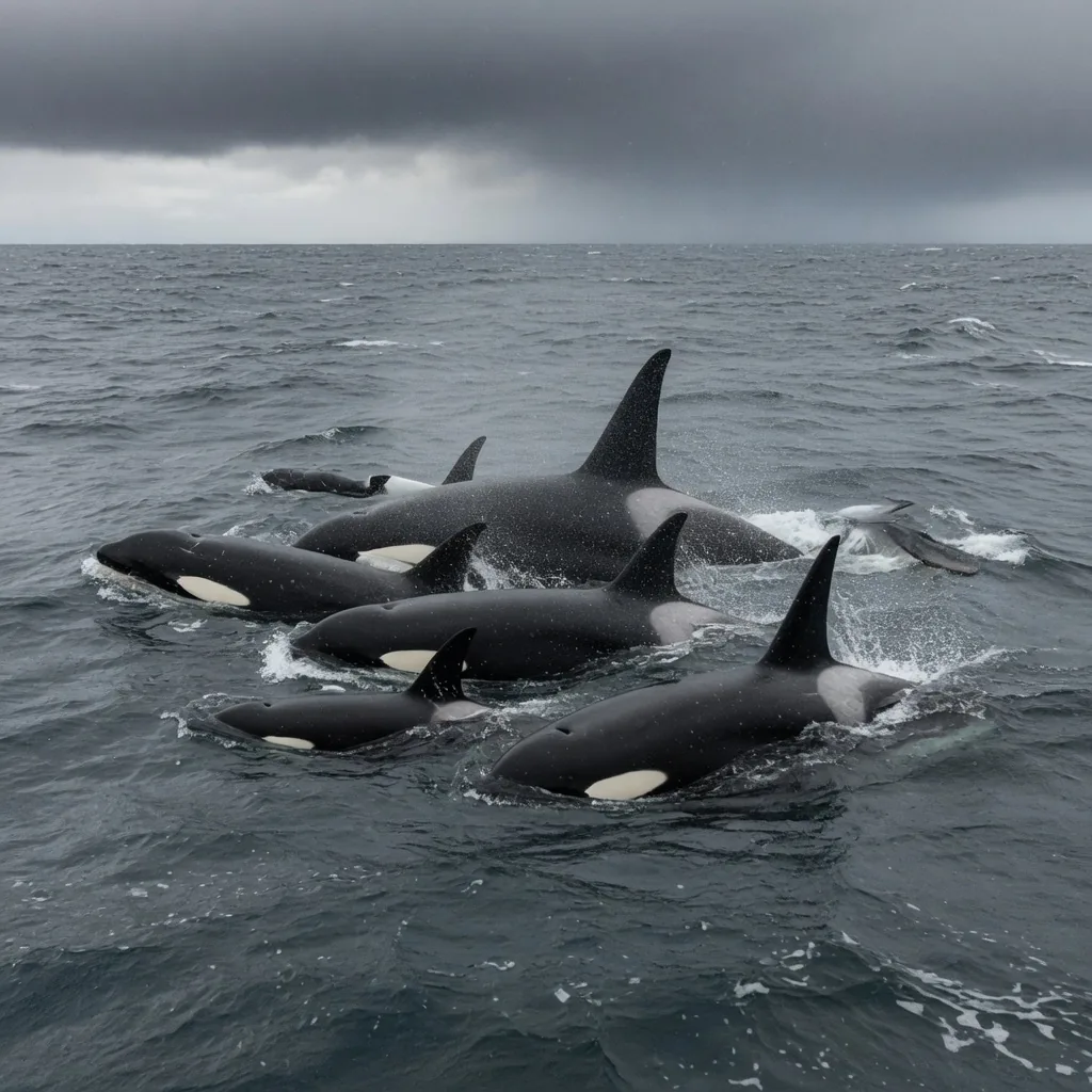 A pod of orca killer whales swimming in coordinated formation across the Pacific Ocean surface, multiple dorsal fins visible