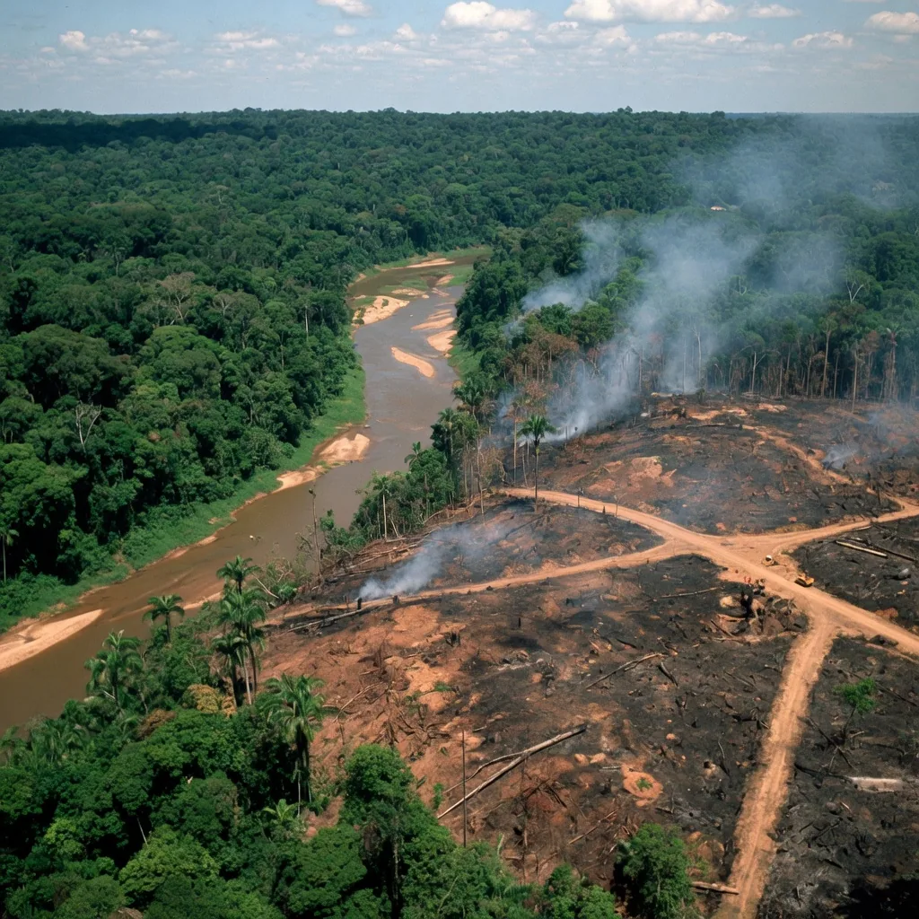 Aerial view showing Amazon deforestation, cleared land next to dense green jungle near a river
