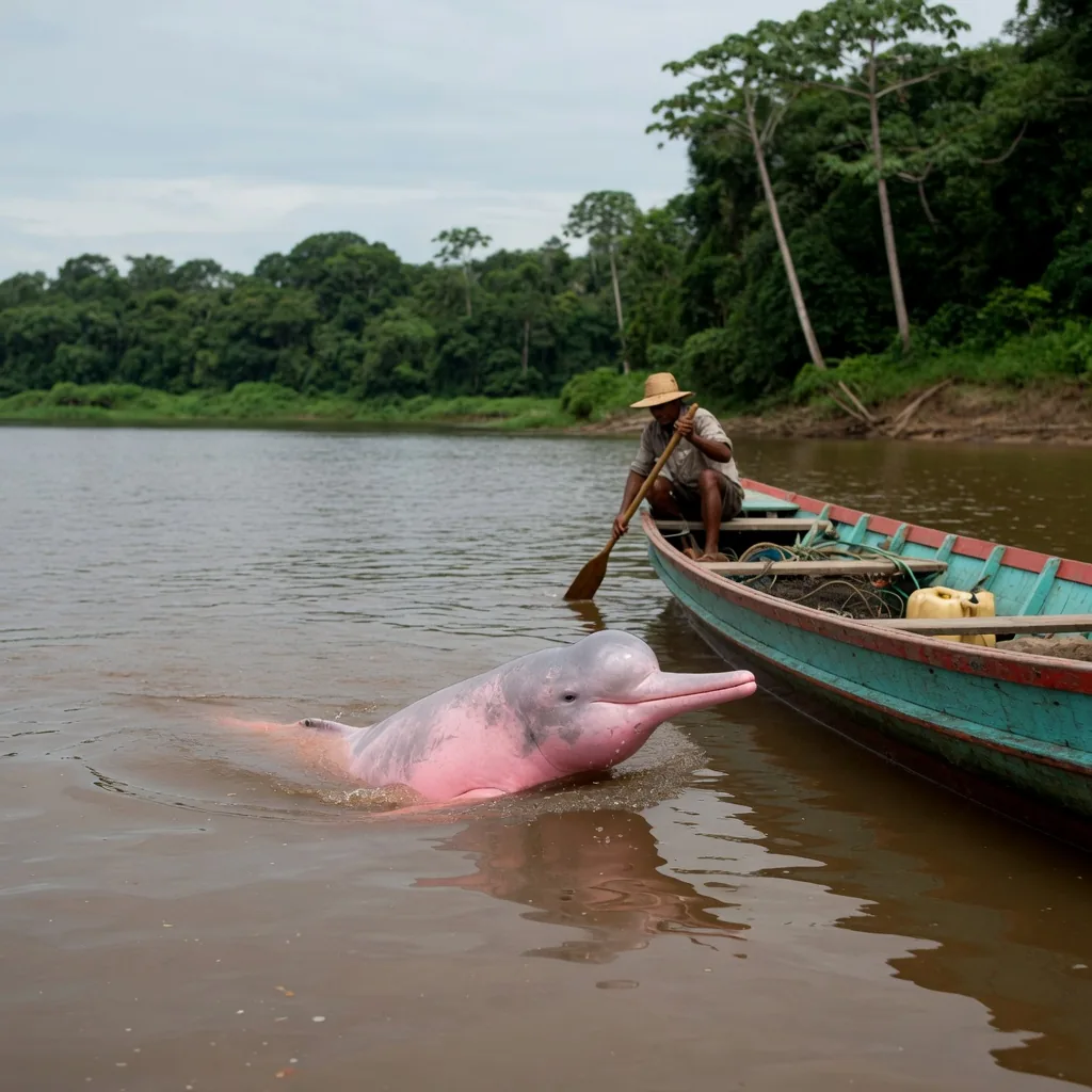 A pink Amazon river dolphin swimming close to a wooden fishing boat in the Amazon River