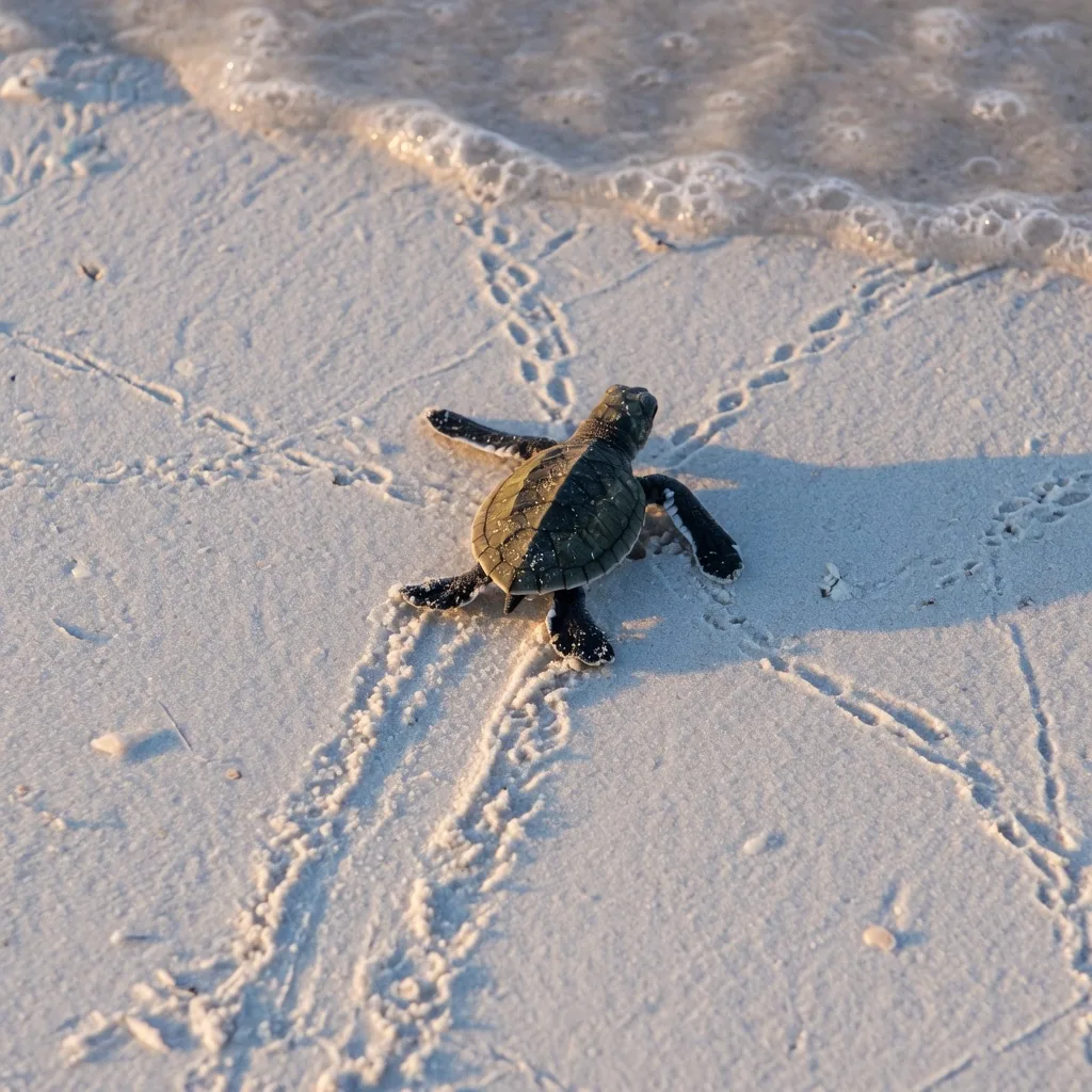 Baby sea turtle hatchlings scrambling across white sand toward the ocean at sunrise