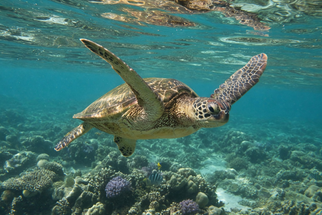 A sea turtle swims underwater near the surface above a vibrant coral reef.