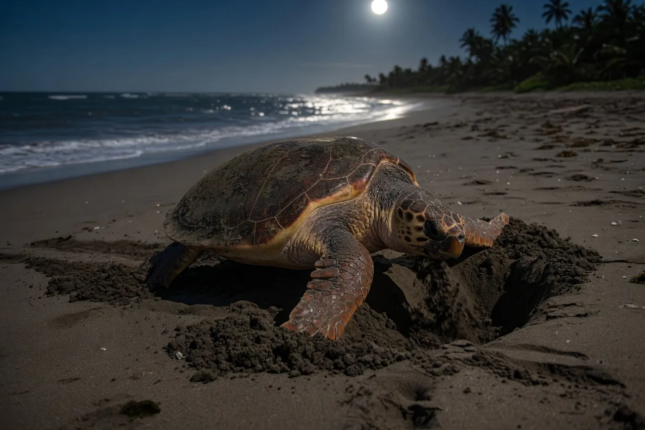 A female sea turtle crawling up a dark sandy beach at night to lay her eggs