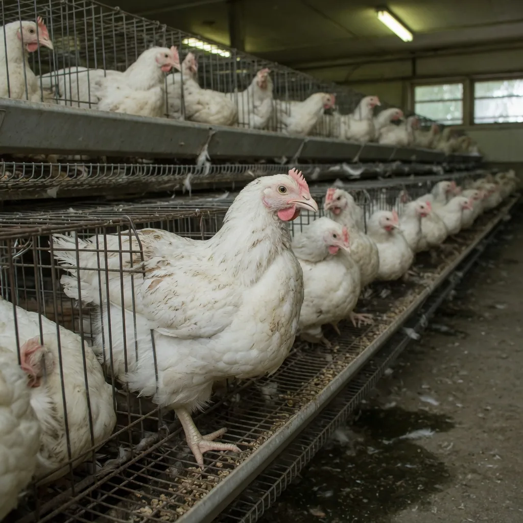 Overcrowded battery cages in a factory farm, illustrating poor conditions for farmed animals.