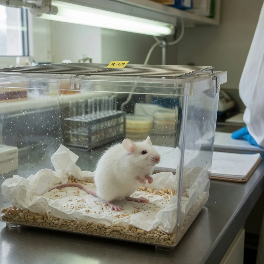 A white laboratory mouse in a small cage inside a research facility.