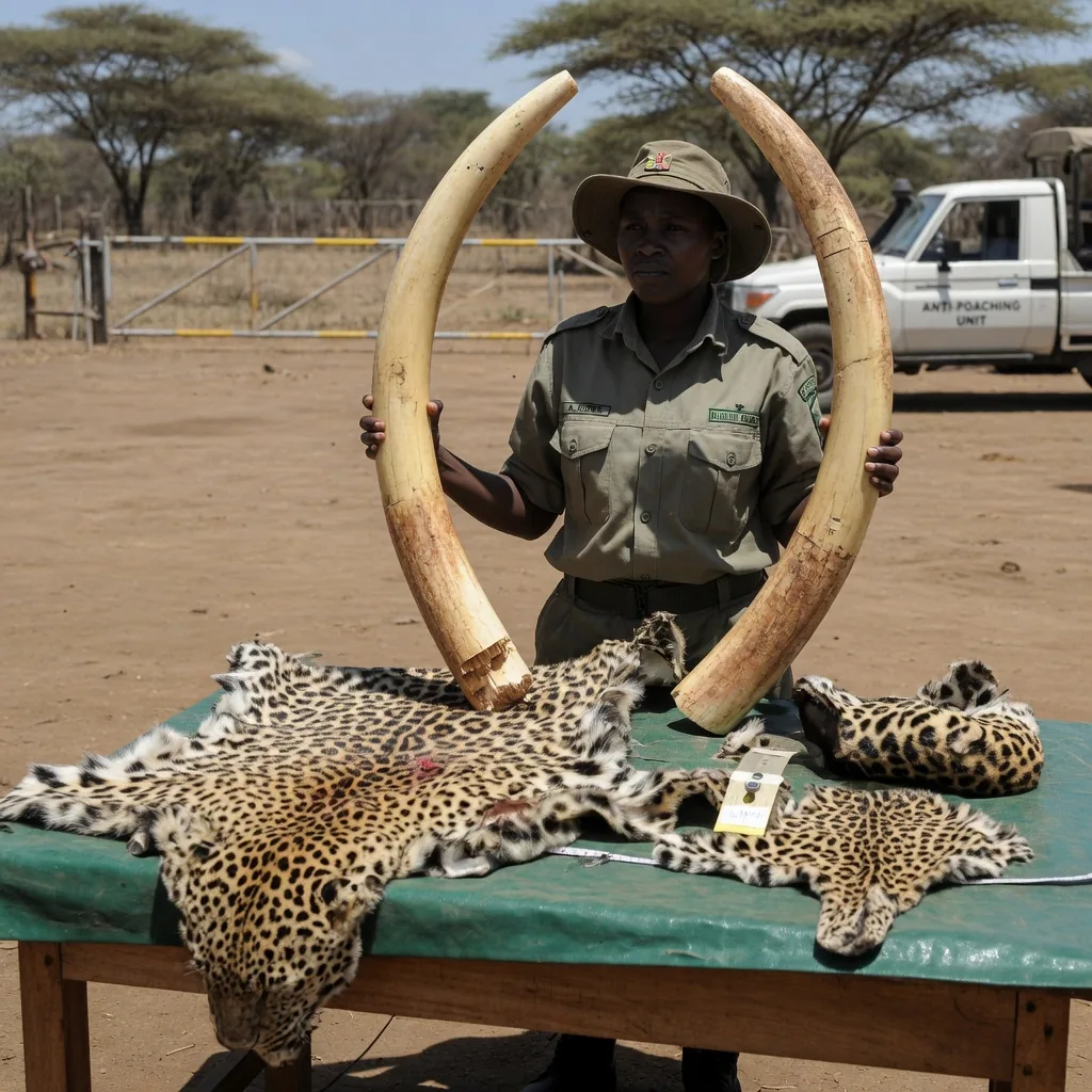 A wildlife ranger displays confiscated ivory and leopard skins seized from poachers.