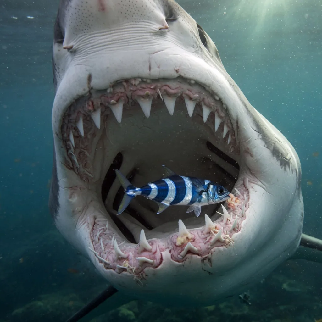 A small pilot fish entering the open mouth of a shark to clean food fragments from its teeth