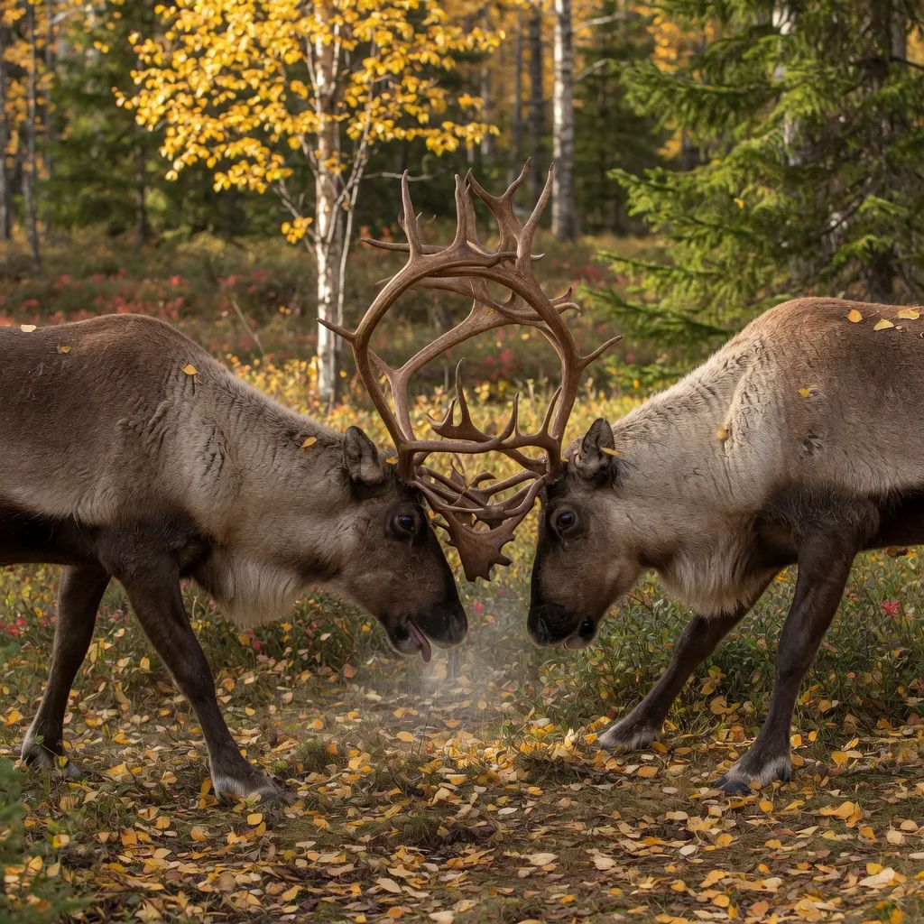 Two reindeer bulls with interlocked antlers competing during the autumn rut in a birch forest