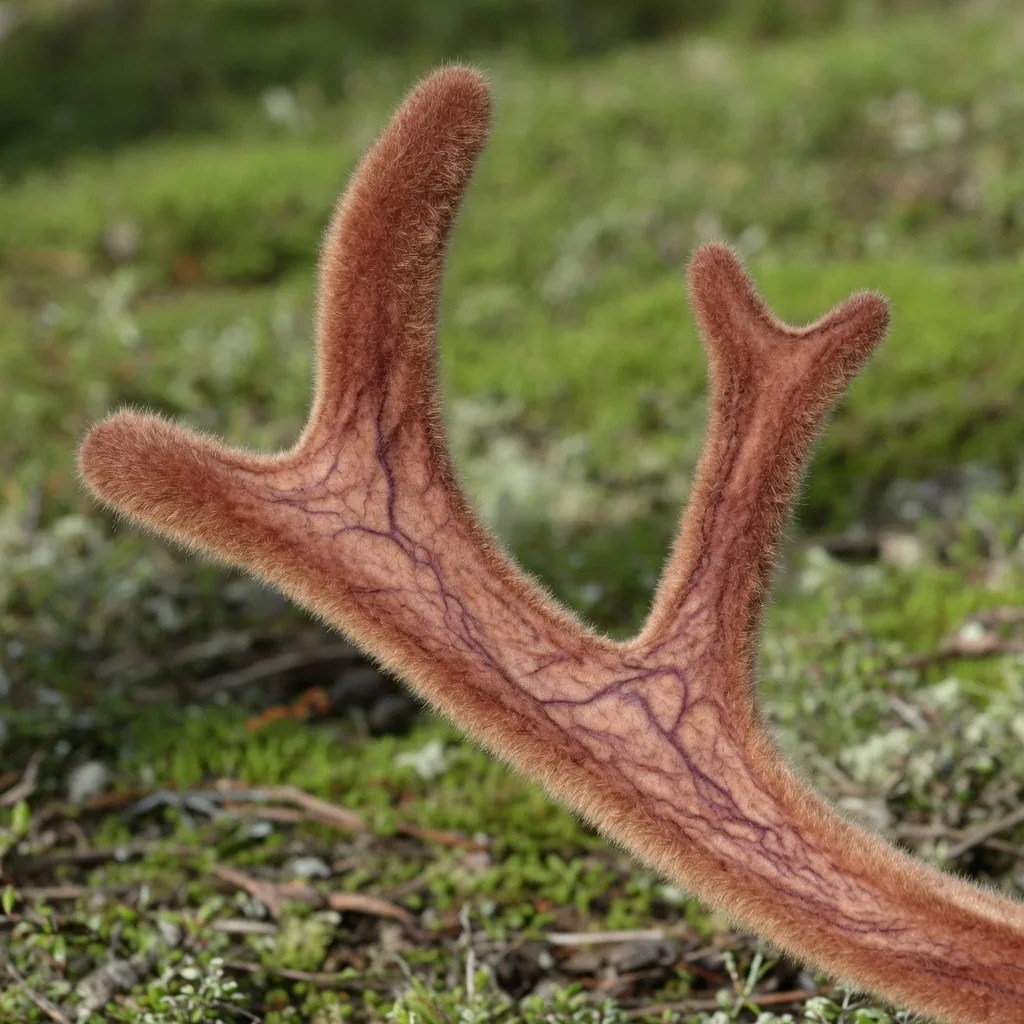 Close-up of the soft velvet skin covering a growing reindeer antler tine, showing fine hairs and blood-vessel texture