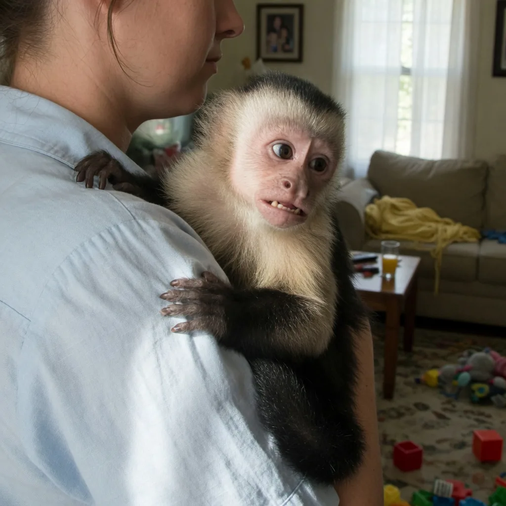 Young capuchin monkey clinging to a person, looking anxious and stressed