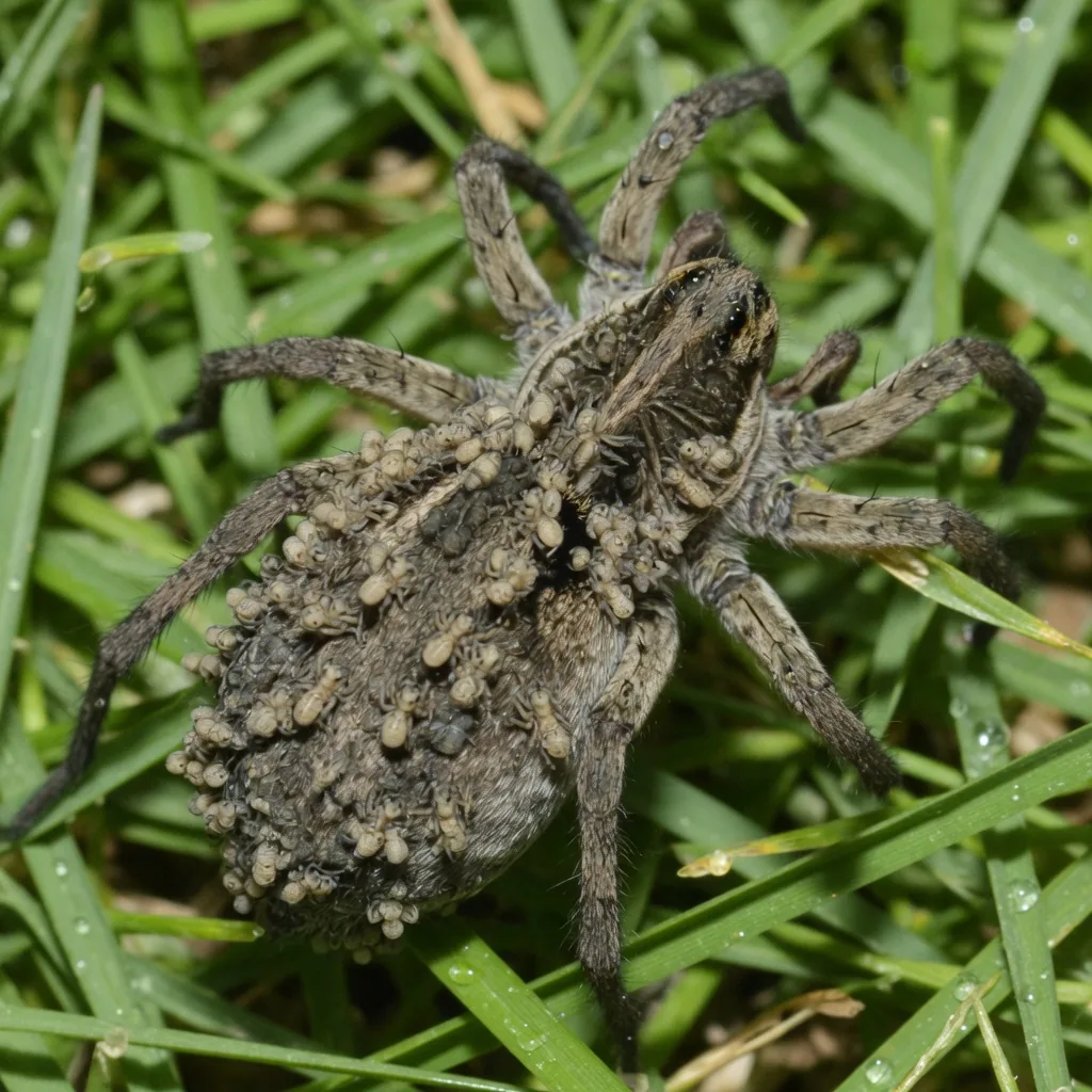 Mother wolf spider with dozens of spiderlings riding on her back