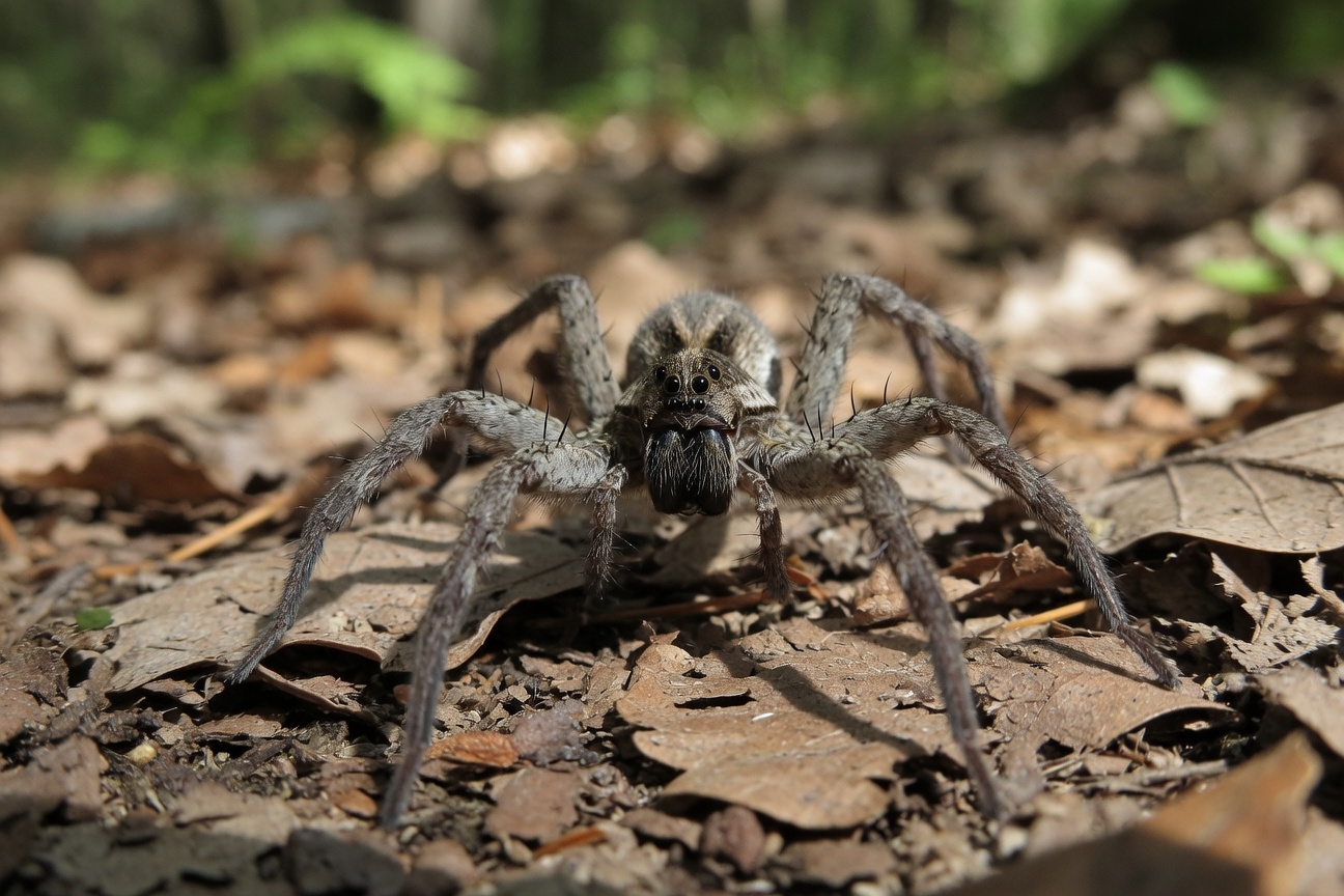 A large, grey wolf spider stands on a forest floor covered in dry leaves, facing forward with its spiny legs extended.