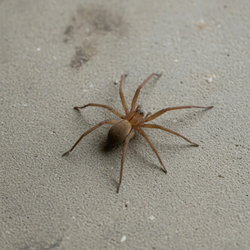 A brown recluse spider on concrete, showing slender hairy legs and a plain uniform tan body
