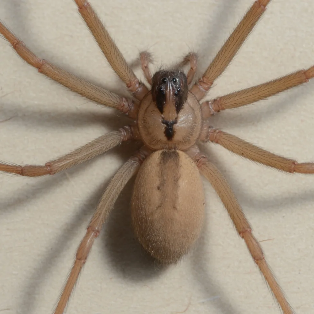 A brown recluse spider seen from above, showing the dark violin-shaped marking on its cephalothorax and its uniform tan abdomen
