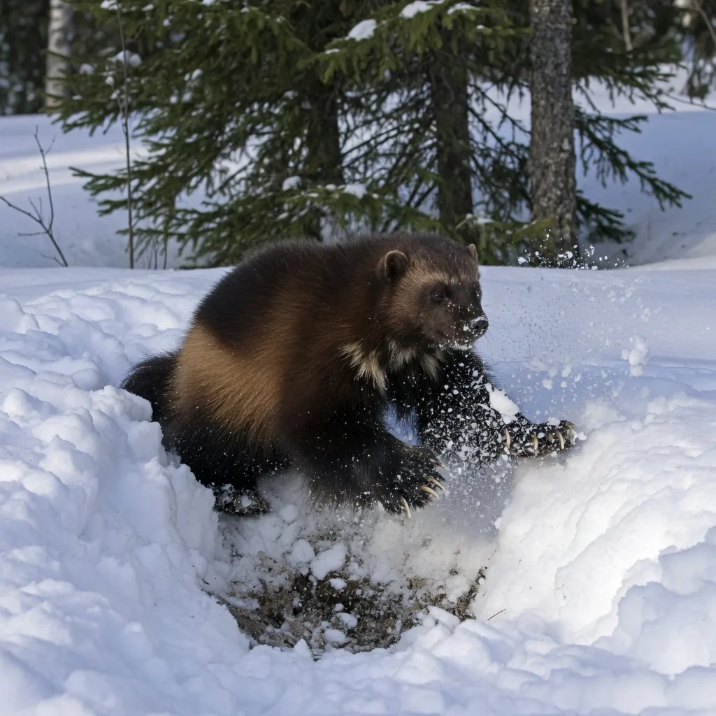 A wolverine digging into deep snow in a taiga forest, using its powerful claws to excavate a den