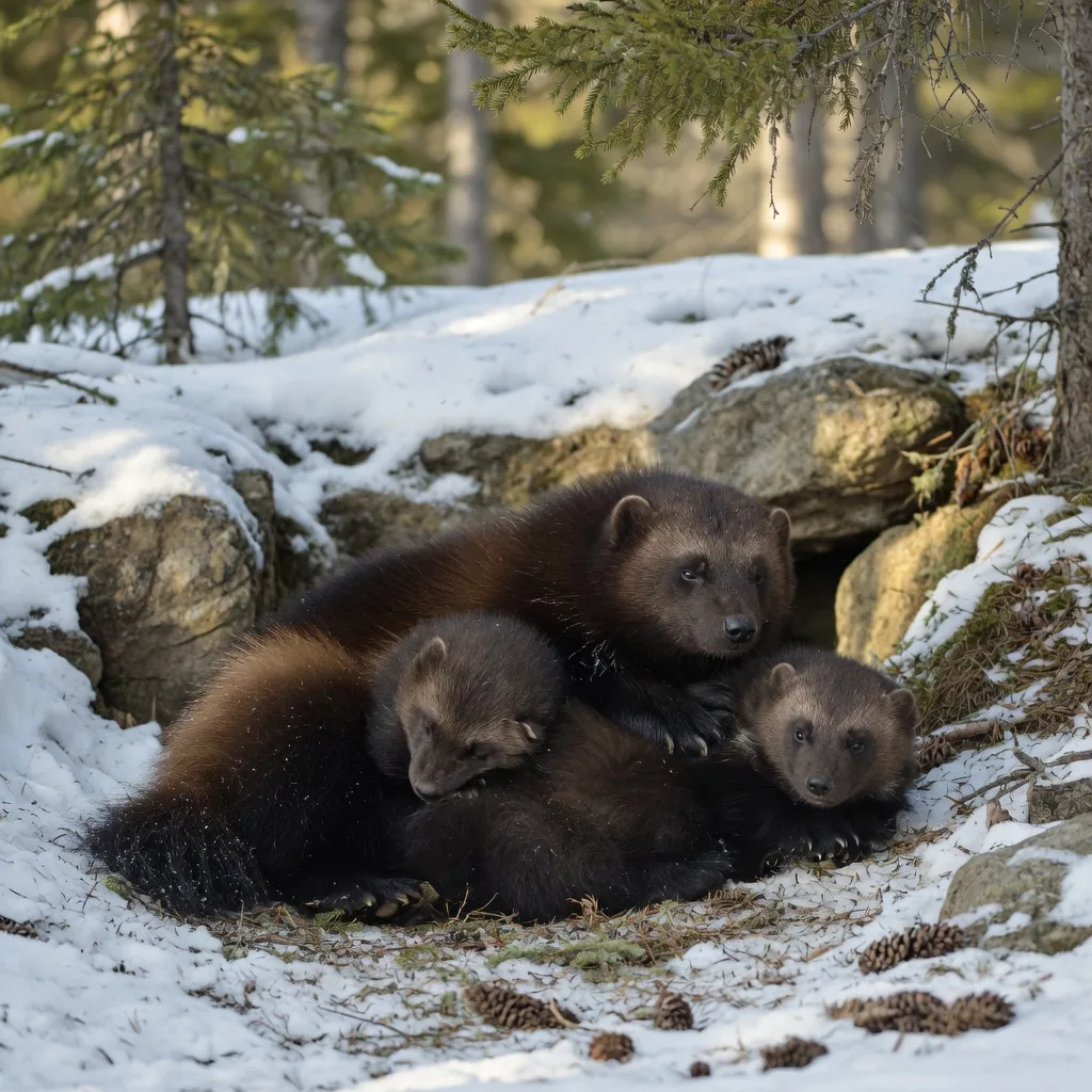 A wolverine mother with two young kits resting at the entrance to their den in an early-spring boreal forest