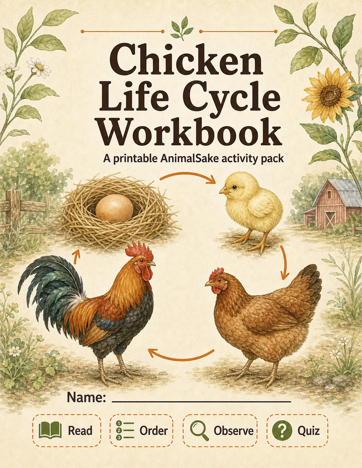 Chicken Life Cycle printable workbook cover for kids