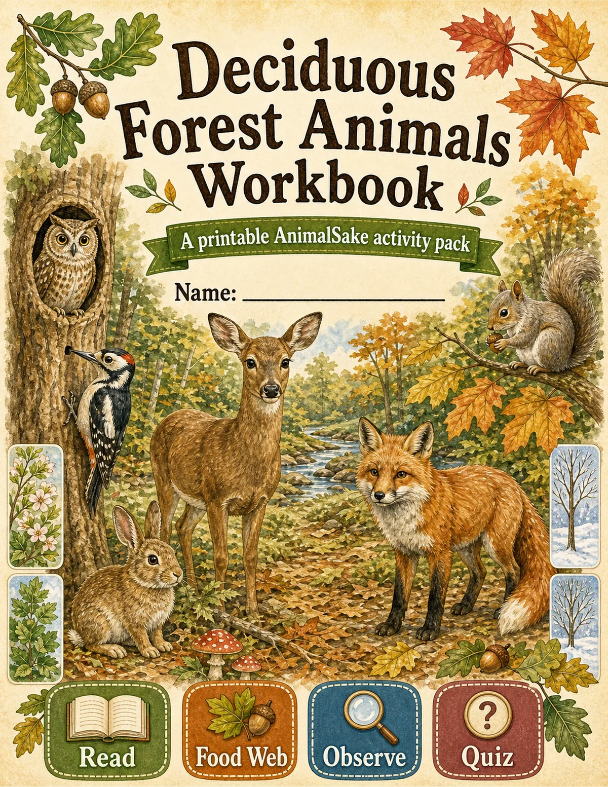 Deciduous Forest Animals printable workbook cover for kids