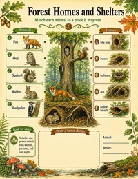 Forest animal homes matching worksheet