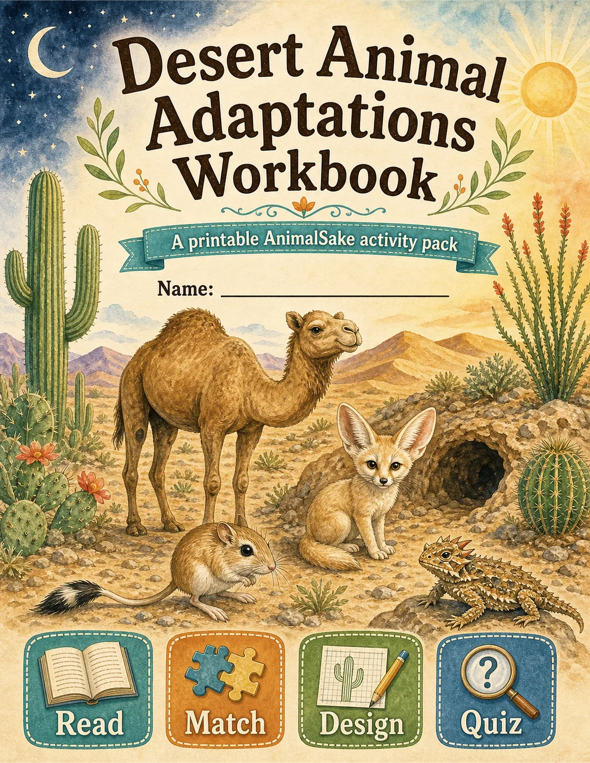 Desert Animal Adaptations printable workbook cover for kids