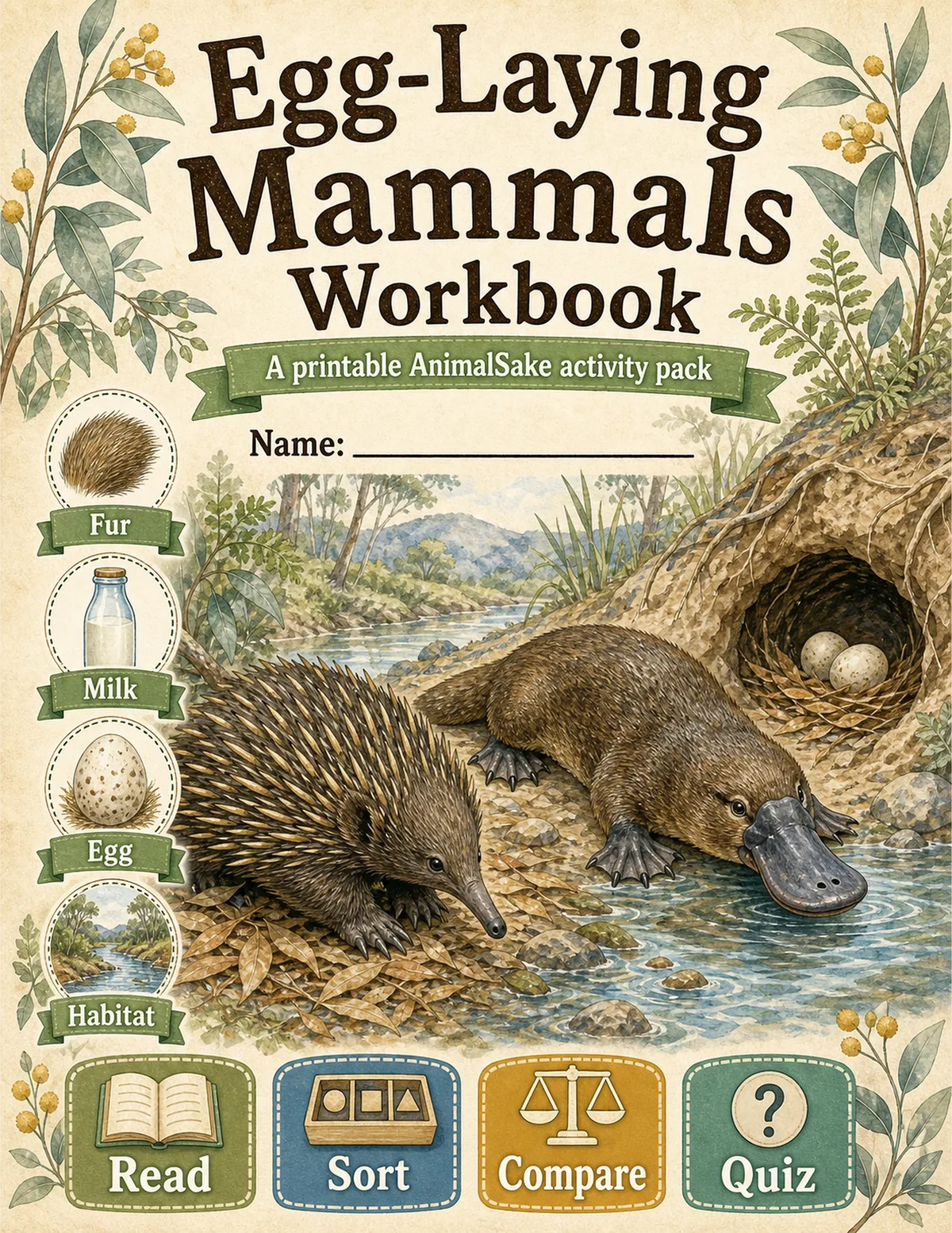 Egg-Laying Mammals printable workbook cover for kids