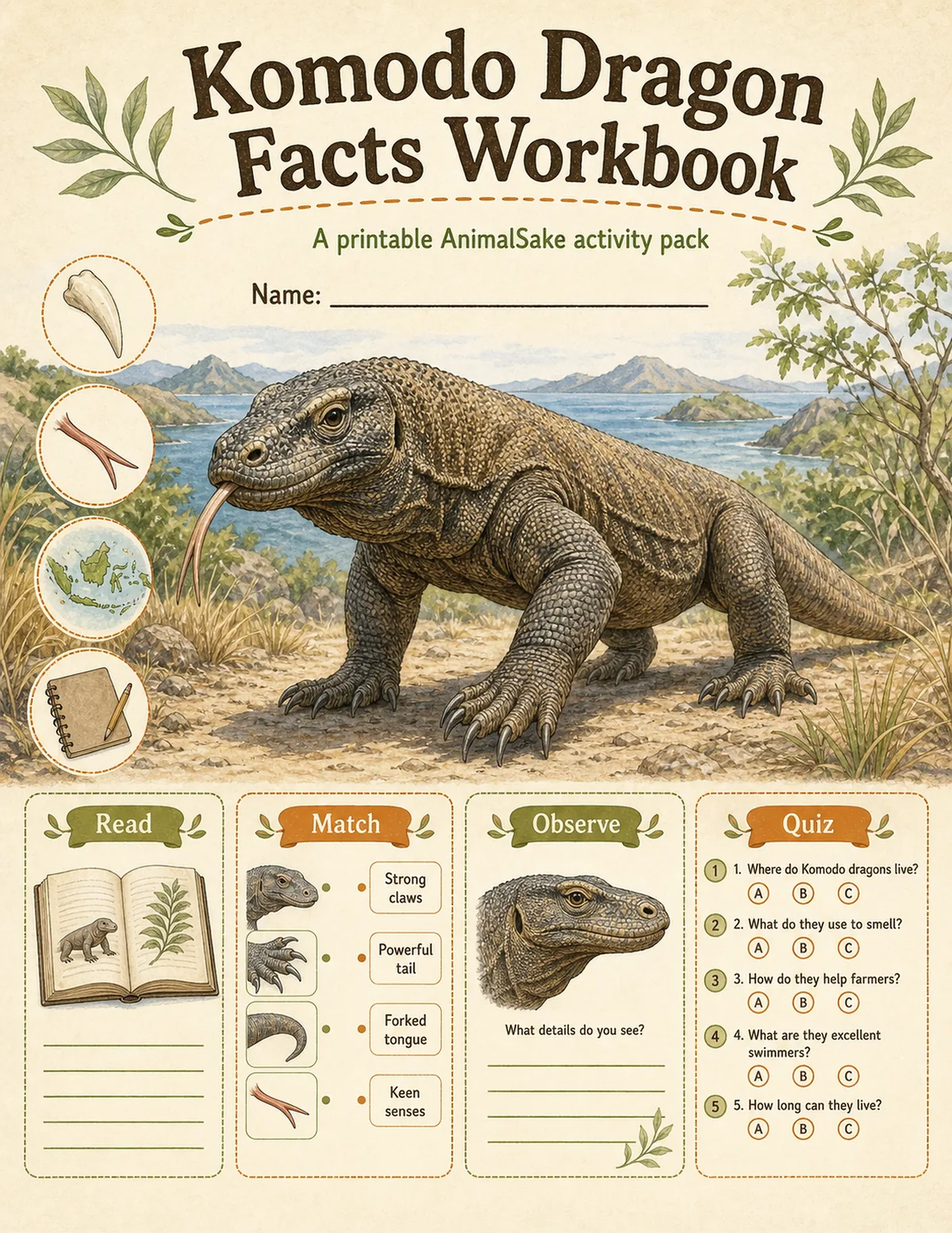 Komodo Dragon Facts printable workbook cover for kids