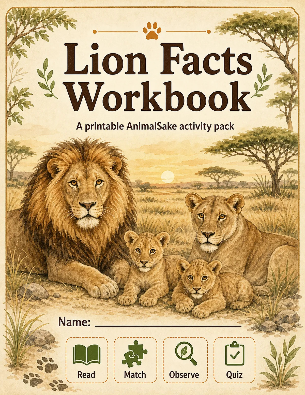 Lion Facts printable workbook cover for kids