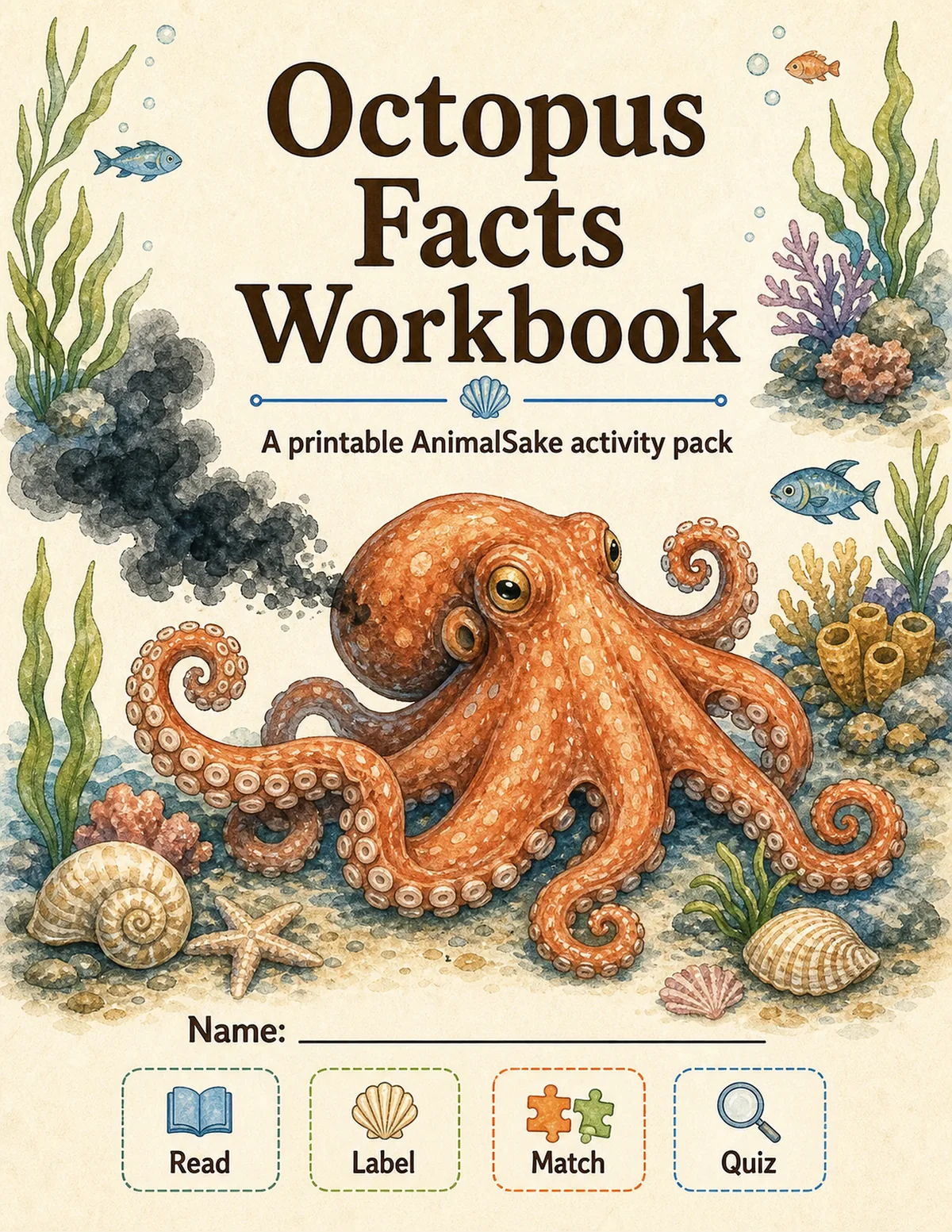 Octopus Facts printable workbook cover for kids
